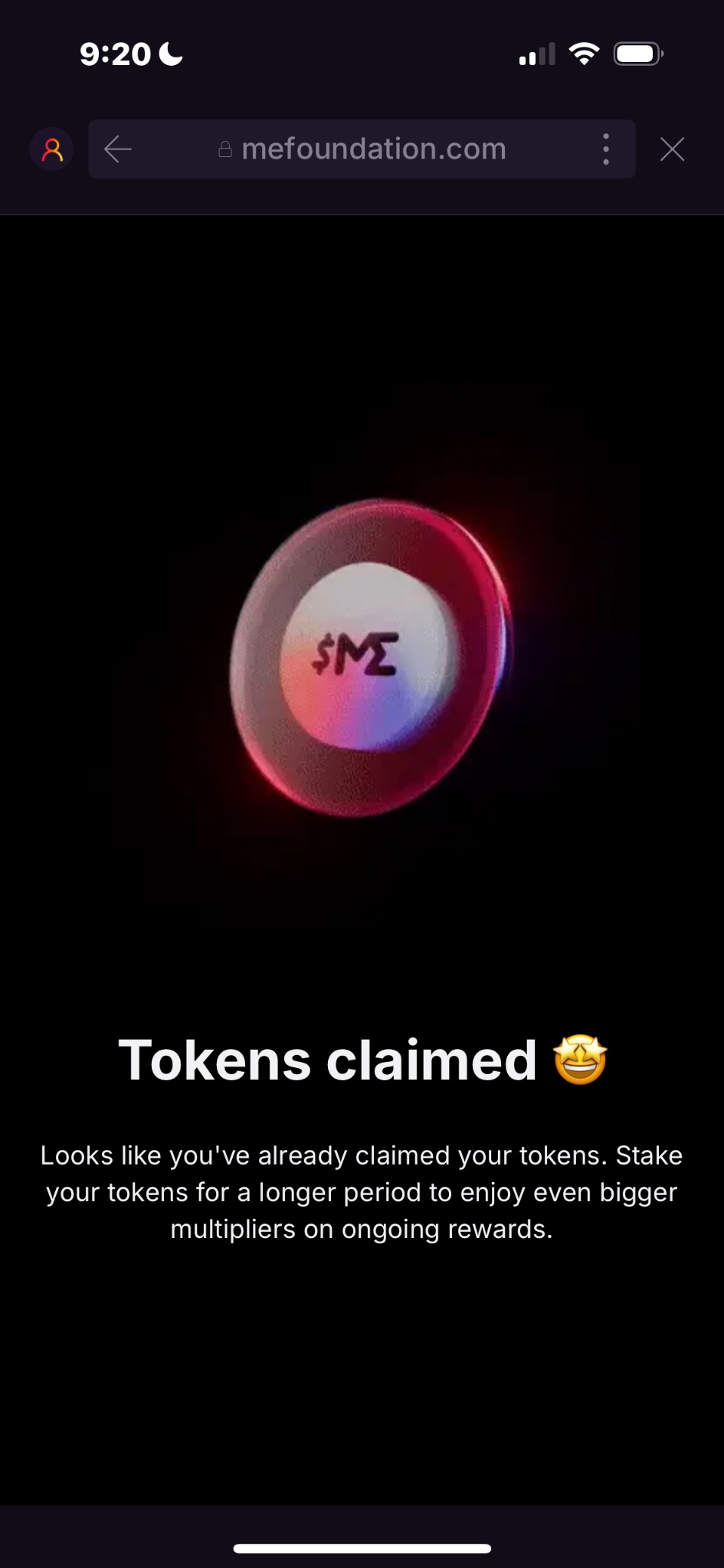 ME tokens claim message