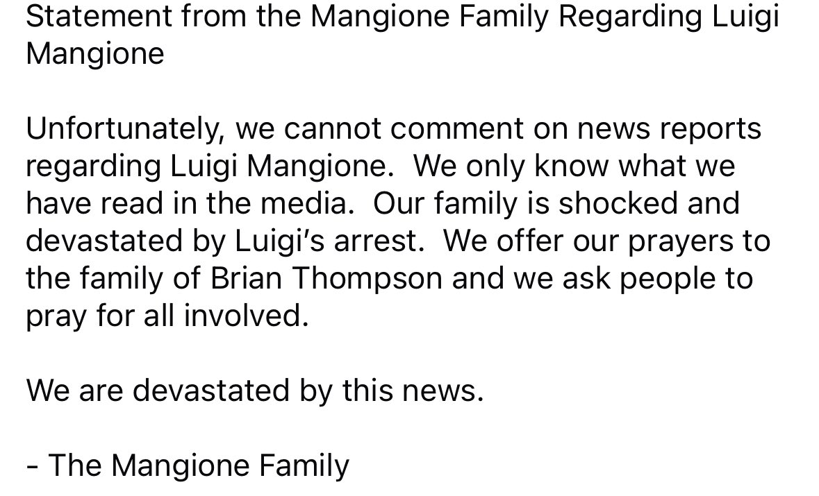 Mangione Family Statement