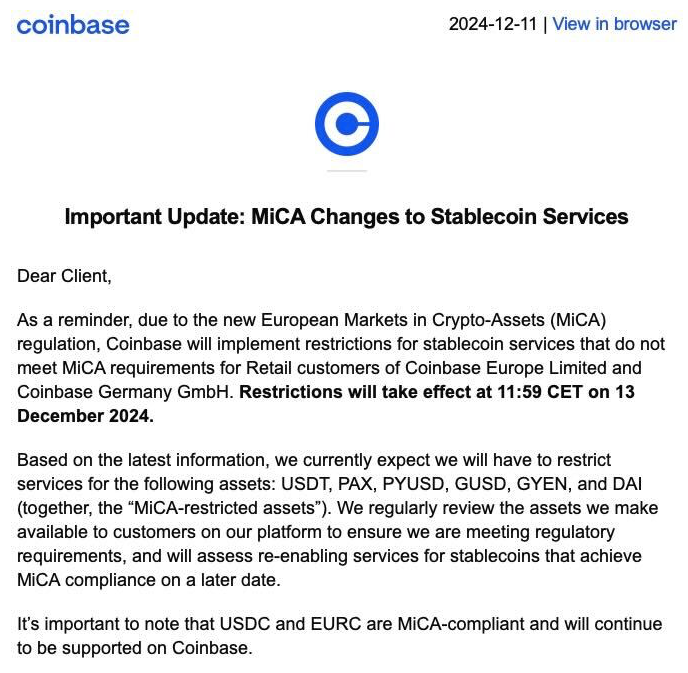 Coinbase notes regarding USDT delisting 